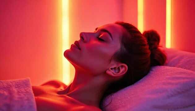 Woman rests under red light therapy. She receives skin rejuvenation and wellness treatment. Body relaxes in red glow for beauty and health benefits. Spa session promotes healing.