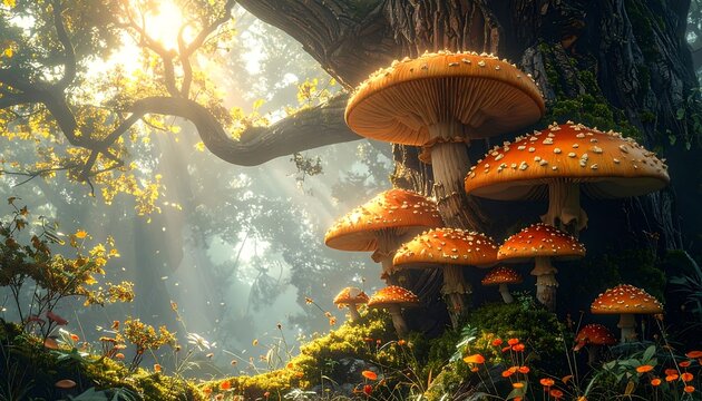 A sunlit forest scene. Large mushrooms clustered at the base of a tree. Rays of light pierce through leaves, illuminating the mossy landscape