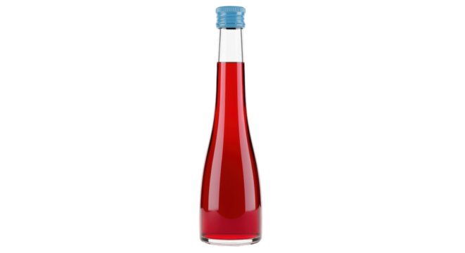 Isolated red liquid in a glass bottle with a blue cap suitable for packaging or advertising