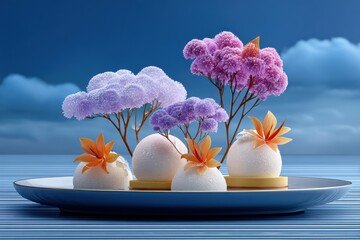 Delicate dessert display featuring elegant sweets resembling flowers against a serene blue backdrop