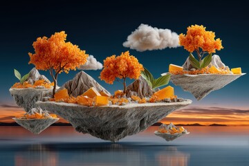 Floating islands adorned with vibrant orange trees and golden blocks against a serene landscape at dusk