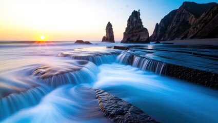 Coastal Cascade - A Serene Sunset at the Rocky Shoreline.