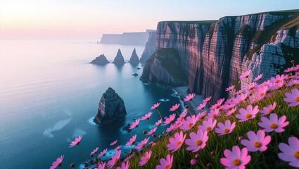 Coastal cliffs adorned with vibrant pink cosmos flowers at sunset.
