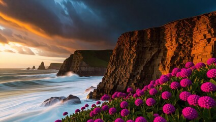 Coastal Cliffs and Blooming Flowers Under Dramatic Sky.