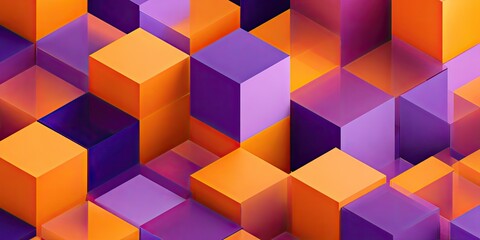 A vibrant digital geometric abstract featuring overlapping cubes in shades of orange and purple