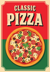 Vintage illustration of a classic pepperoni pizza with cheese, mushrooms, olives, and basil on a retro poster background, perfect for restaurant menus, pizzerias, or Italian food promotions