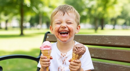 Messy faced boy laughing while holding two ice cream cones in a park