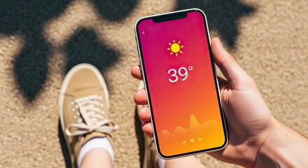 Smartphone showing 39 degrees celsius and a sun icon, indicating hot weather