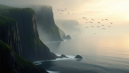 Coastal Cliffs at Dawn - A Serene Landscape with Birds in Flight.