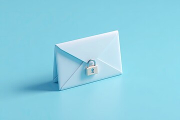 A 3D rendering of a sealed white envelope with a padlock, resting against a light blue backdrop
