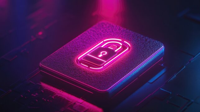 Futuristic concept of digital security showing a glowing pink unlocked padlock icon on a dark, textured technological surface, symbolizing open access and cybersecurity
