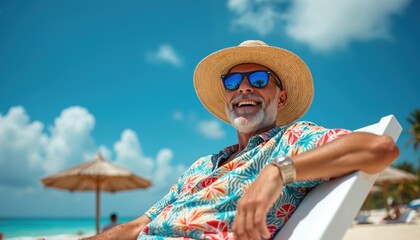 Smiling senior man rests on sunbed at sea resort. Adult person wearing floral shirt, hat and sunglasses. Happy mature male enjoys vacation and ocean beach during summer time.