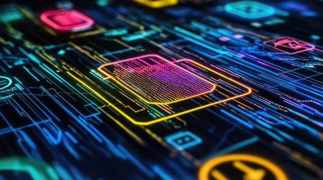 A glowing digital document icon on a futuristic circuit board, symbolizing data processing, information technology, and cybersecurity