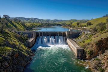 A concrete dam releases a torrent of water into a turquoise river surrounded by green hills under a clear sky