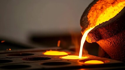 Molten metal pouring from a crucible into ingot molds with glowing sparks, metallurgy and casting process for industry footage - Powered by Adobe