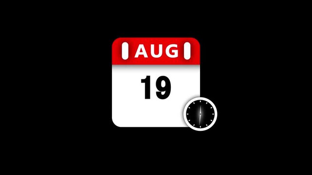 August 19th Calendar Page with Clock Icon on Black Background nineteenth date