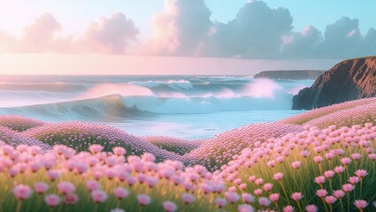 Coastal Meadow Dream - Pink Flowers and Ocean Waves.