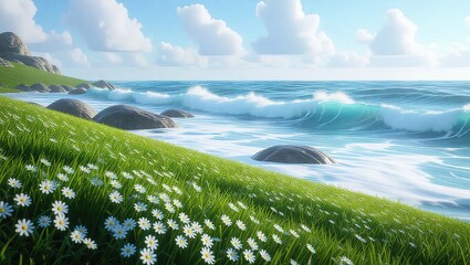 Coastal Meadow Serenity - Daisies, Waves, and a Sunny Sky.