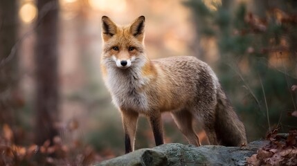 A red fox stands alert on a rock in a sun d d autumn forest