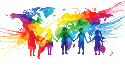Watercolor illustration of children holding hands in front of a colorful world map, symbolizing global unity, diversity, peace, and hope for a connected international future