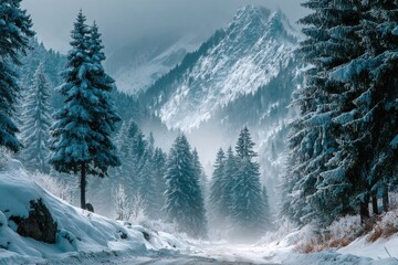 Tranquil Winter Landscape With Falling Snow
