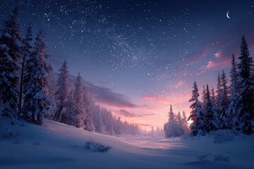 Festive Snowfall over Christmas Night Landscape Background