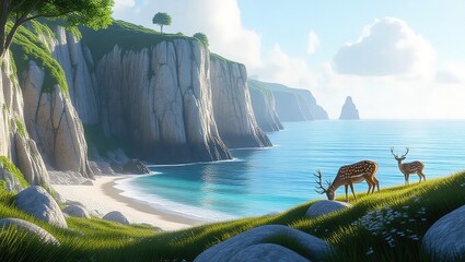 Coastal Paradise - Serene Beach Scene with Majestic Deer and Cliffs.