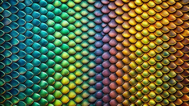 Closeup of iridescent dragon scales with a rainbow gradient from blue and green to yellow and orange, creating a vibrant textured background