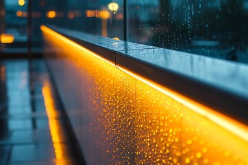 Illuminated railing with raindrops on a rainy night