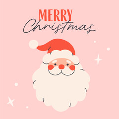 Cute Merry Christmas greeting card with funny Santa Claus. Flat vector illustration
