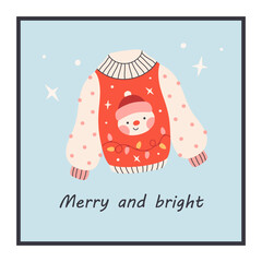 Cute simple Christmas greeting card with knitted sweater. Ugly Christmas sweater party. Design for poster, card, banner. Flat vector illustration