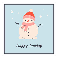 Cute simple Christmas greeting card with snowman. Trendy hand drawn doodle cozy winter poster. Perfect for cards, invitations, posters, home decor, and seasonal design. Flat vector illustration