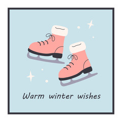 Cute simple Christmas greeting card with skates. Trendy hand drawn doodle cozy winter poster. Perfect for cards, invitations, posters, home decor, and seasonal design. Flat vector illustration