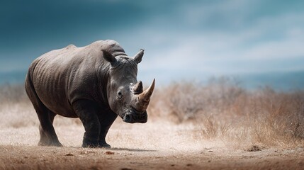 Obraz premium A powerful rhinoceros stands majestically in a dry sunlit savanna landscape under a clear blue sky