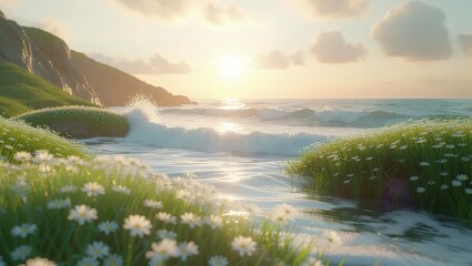 Coastal Serenity - A Tranquil Beach Scene at Sunset.