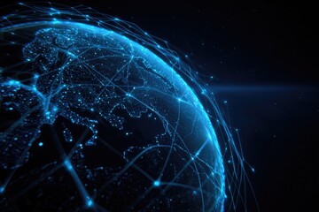 Glowing blue globe with illuminated networks overlayed. Digital connectivity, data, tech concept