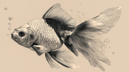 Fototapeta premium Goldfish swims, illustrated with fine lines against a beige background. Conceptual artwork for design, prints, or web use.