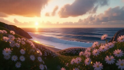 Coastal Serenity - Daisies at Sunset on a Tranquil Beach.