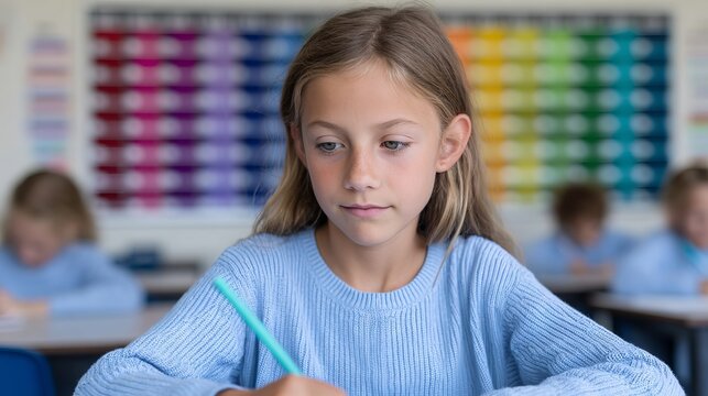 Inquisitive young Caucasian girl scribbling stories of whimsical creatures, invoking World Literacy Day and Children's Day creativity blooms