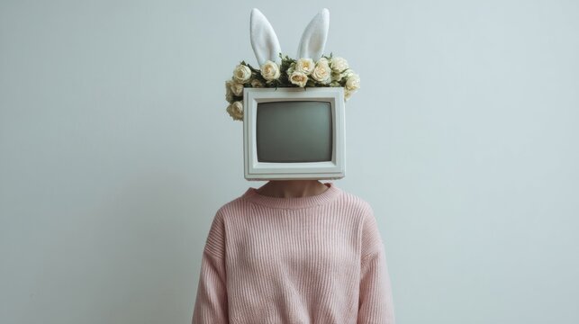 A whimsical human-machine hybrid, adorned with rabbit ears and floral crown, evokes retro-futurism and Unplugging Day