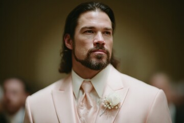 In an ethereal haze, a solemn Hispanic man dons a peach suit, embodying romance and Spring Festival charm