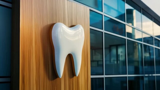 Dental clinic sign with a large tooth symbol in an urban setting during late afternoon light