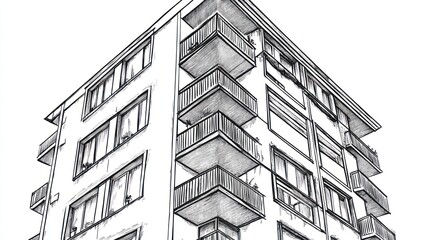Upward view of tall building facade with balconies, white background, for architectural reference