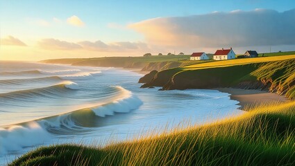 Coastal Serenity - Waves Crashing on Shore with Houses on Cliff.