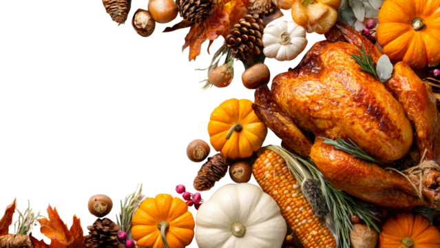 Thanksgiving overlay with turkey and pumpkins isolated on transparent background.
