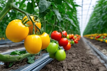 Colorful tomatoes ripening in a vibrant greenhouse under bright sunlight