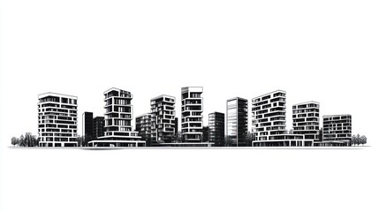 Cityscape drawing many buildings, trees, isolated, for architecture or urban planning