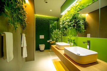 Modern bathroom with green plants and wooden furniture
