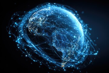 A stylized digital illustration showcasing Earth engulfed in glowing blue data pathways, representing connectivity