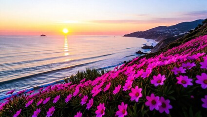 Coastal Sunset Bloom - A Vibrant Seascape with Pink Flowers.